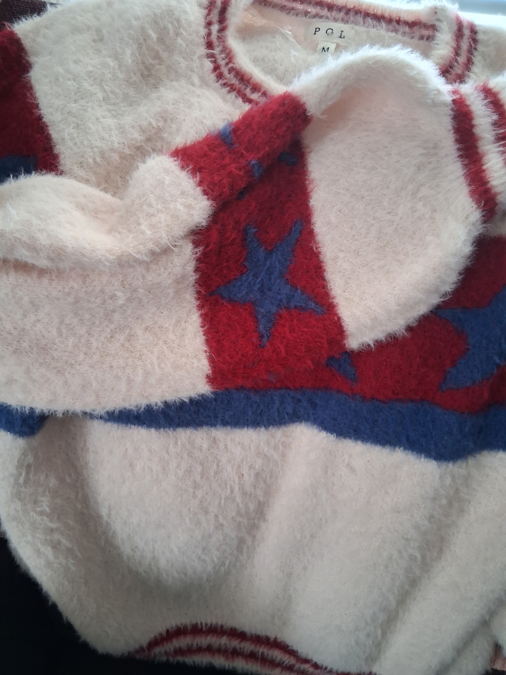 POL Cream Fuzzy Crew Sweater with Red Stripe and Blue Star Accents